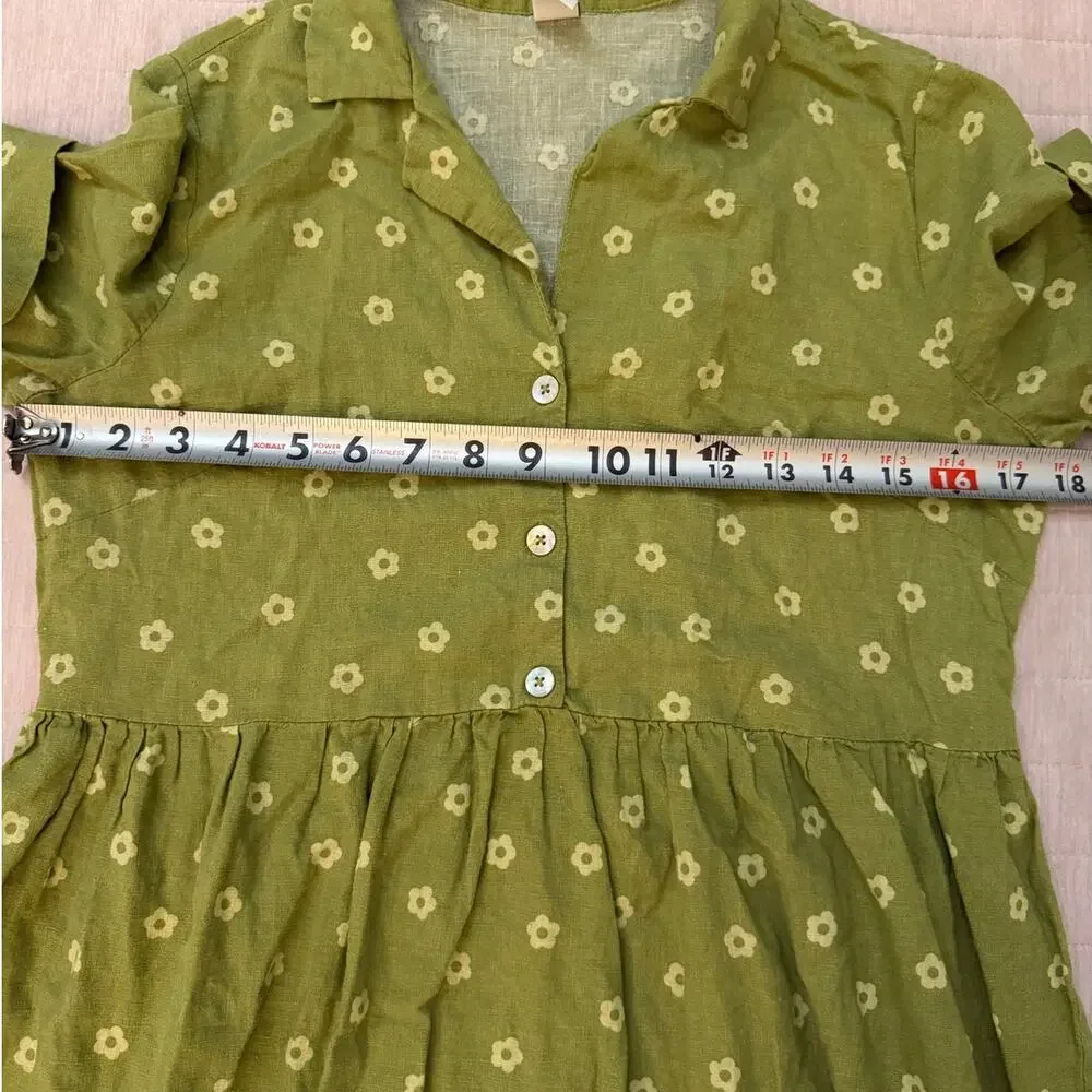 Twik Green Floral Linen Blend Button Front Dress Small - Picture 8 of 11